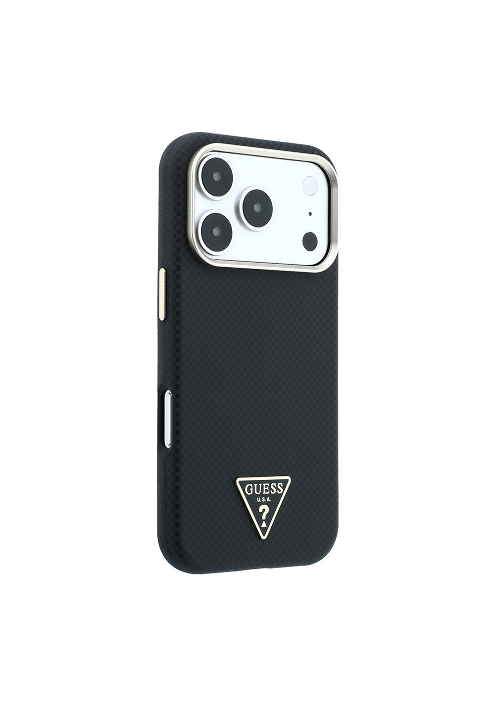 Guess PU Metal Üçgen Logolu Karbon Fiber Kevlar – iPhone 18 Pro Kılıfı
