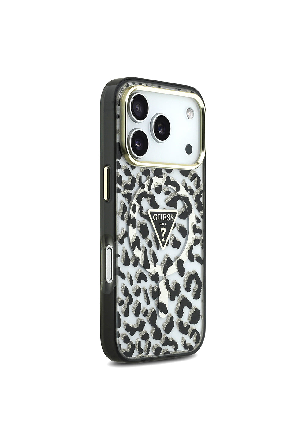Guess Üçgen Logolu Simli Leopar Desenli – iPhone 18 Pro Kılıfı