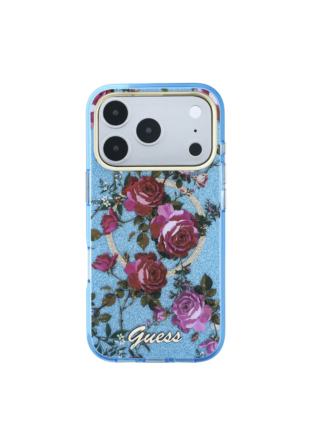 Guess Gül Desenli Simli Yazı Logolu – iPhone 18 Pro Max Kılıfı