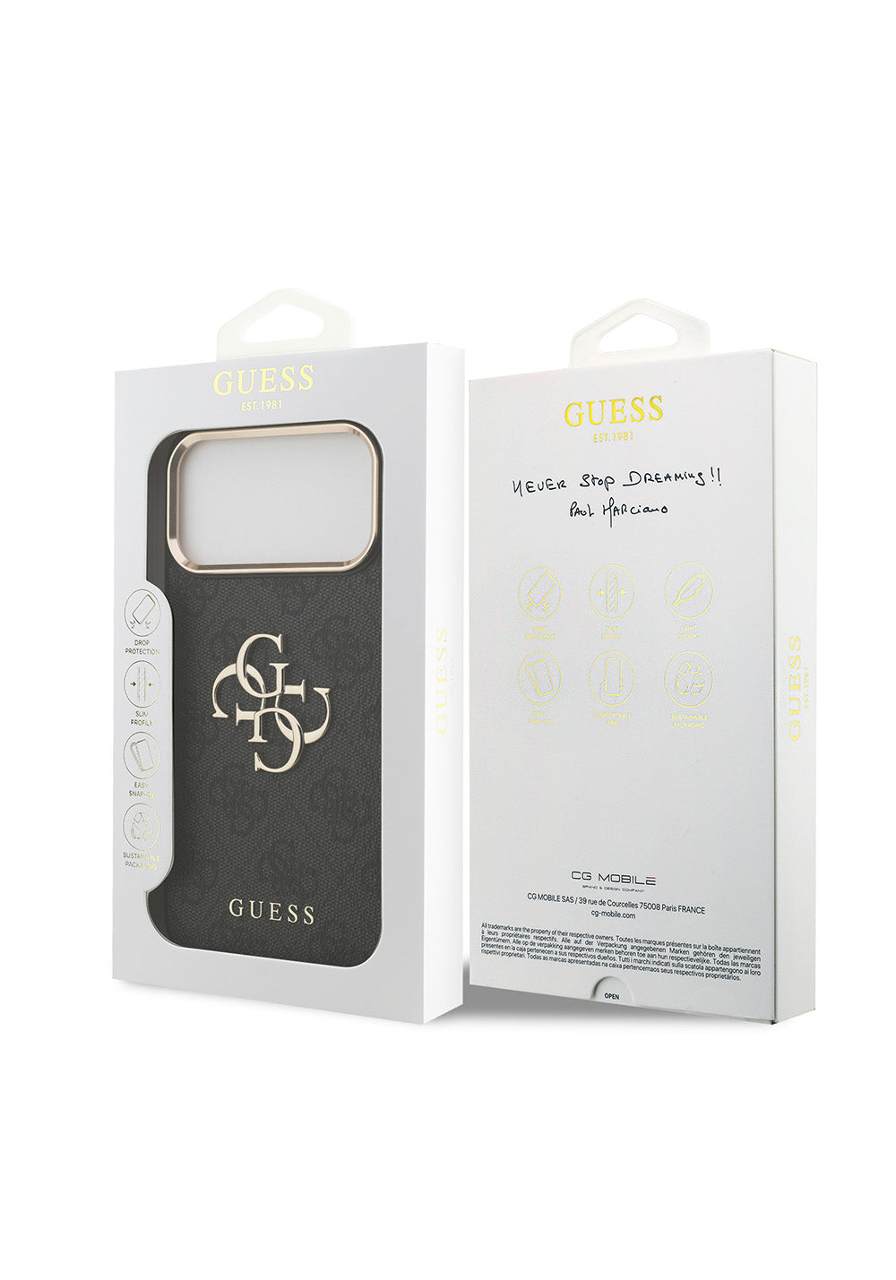 Guess Gold Metal Kamera Çerçeveli 4G Desenli Metal Büyük 4G ve Yazı Logolu – iPhone 18 Pro Max Kılıfı