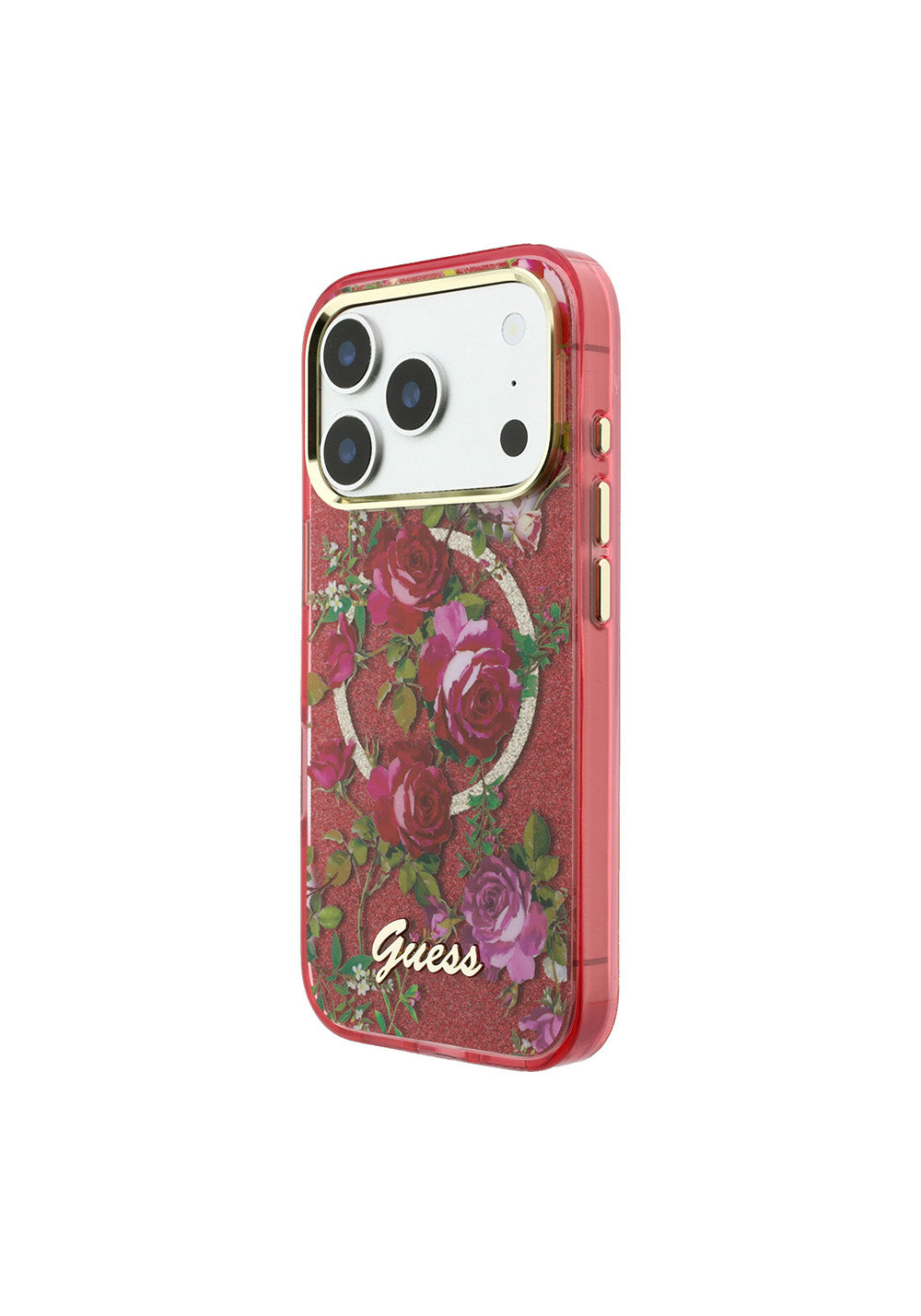Guess Gül Desenli Simli Yazı Logolu – iPhone 18 Pro Max Kılıfı