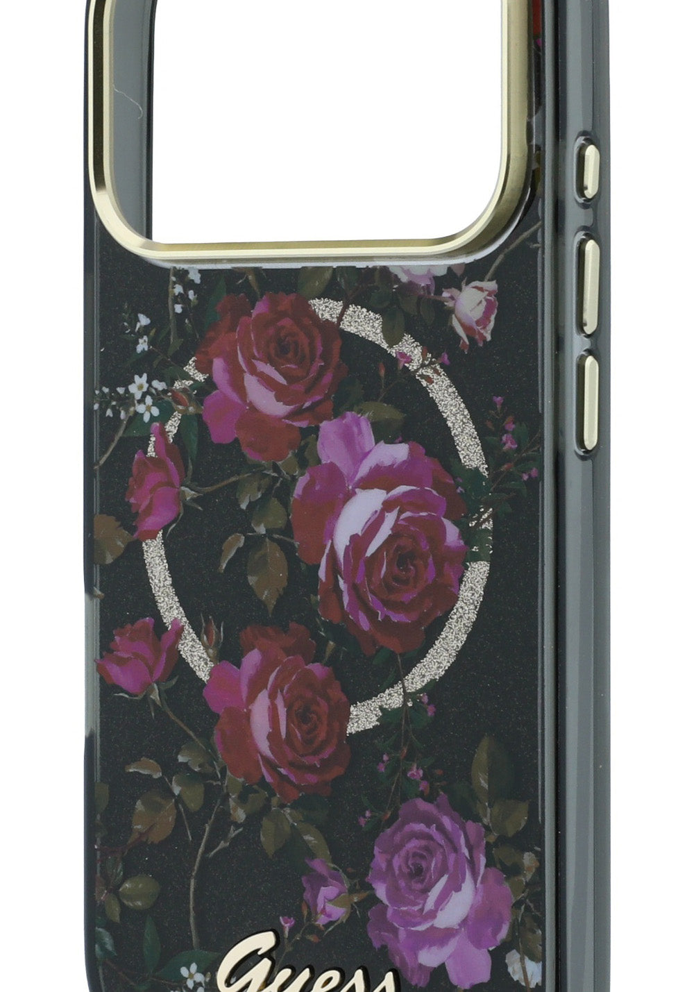 Guess Gül Desenli Simli Yazı Logolu – iPhone 18 Pro Kılıfı
