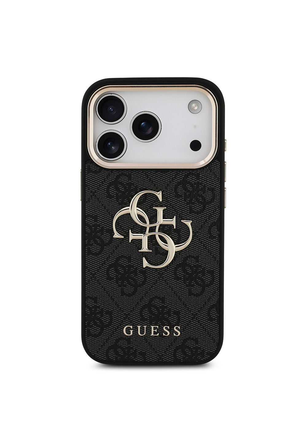 Guess Gold Metal Kamera Çerçeveli 4G Desenli Metal Büyük 4G ve Yazı Logolu – iPhone 18 Pro Kılıfı