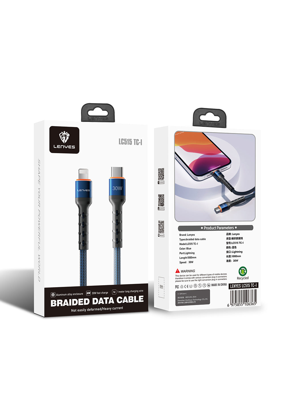 Lenyes LC515 – USB-C–Lightning 30W Örgülü Kablo 1 m