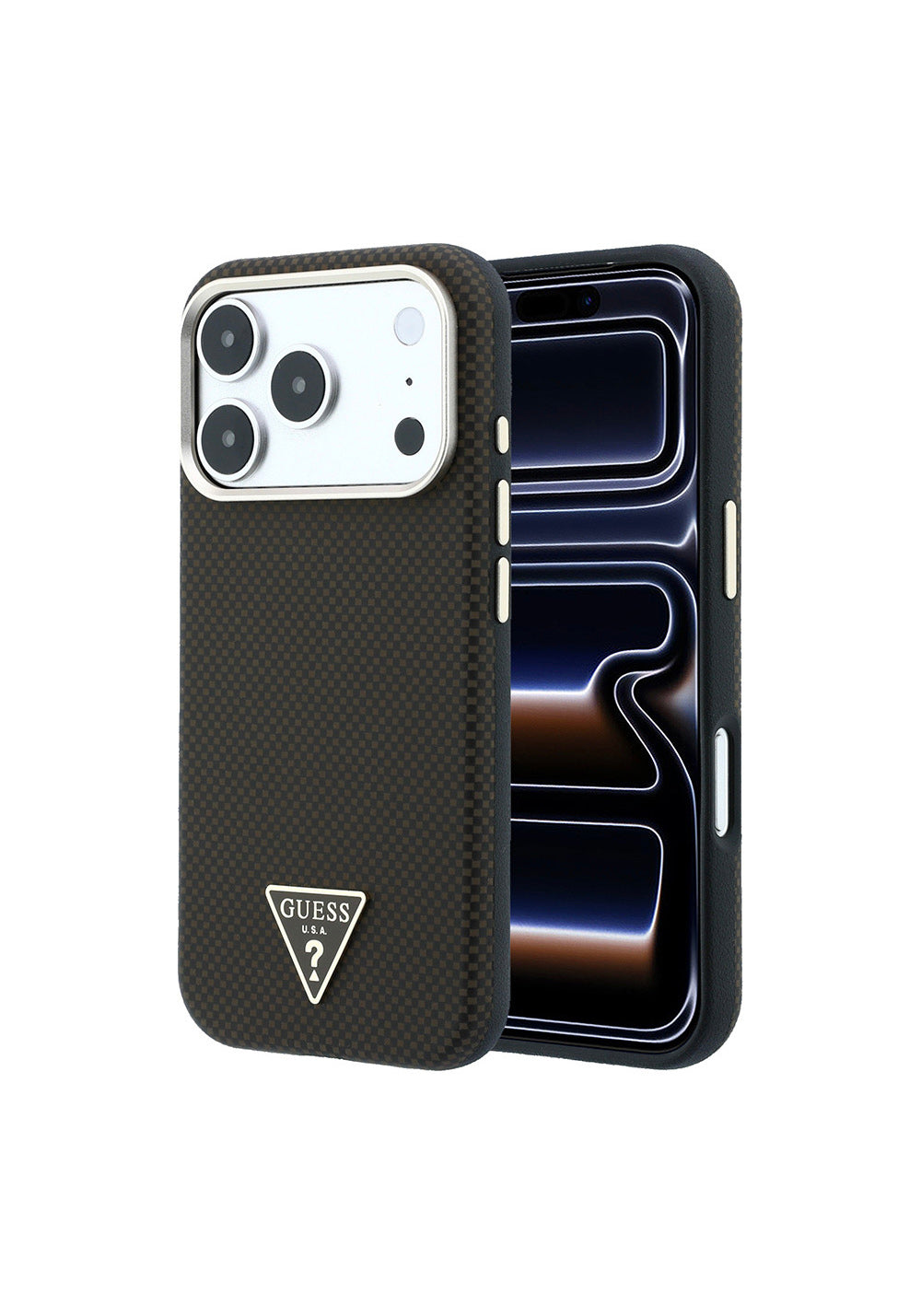 Guess PU Metal Üçgen Logolu Karbon Fiber Kevlar – iPhone 18 Pro Kılıfı