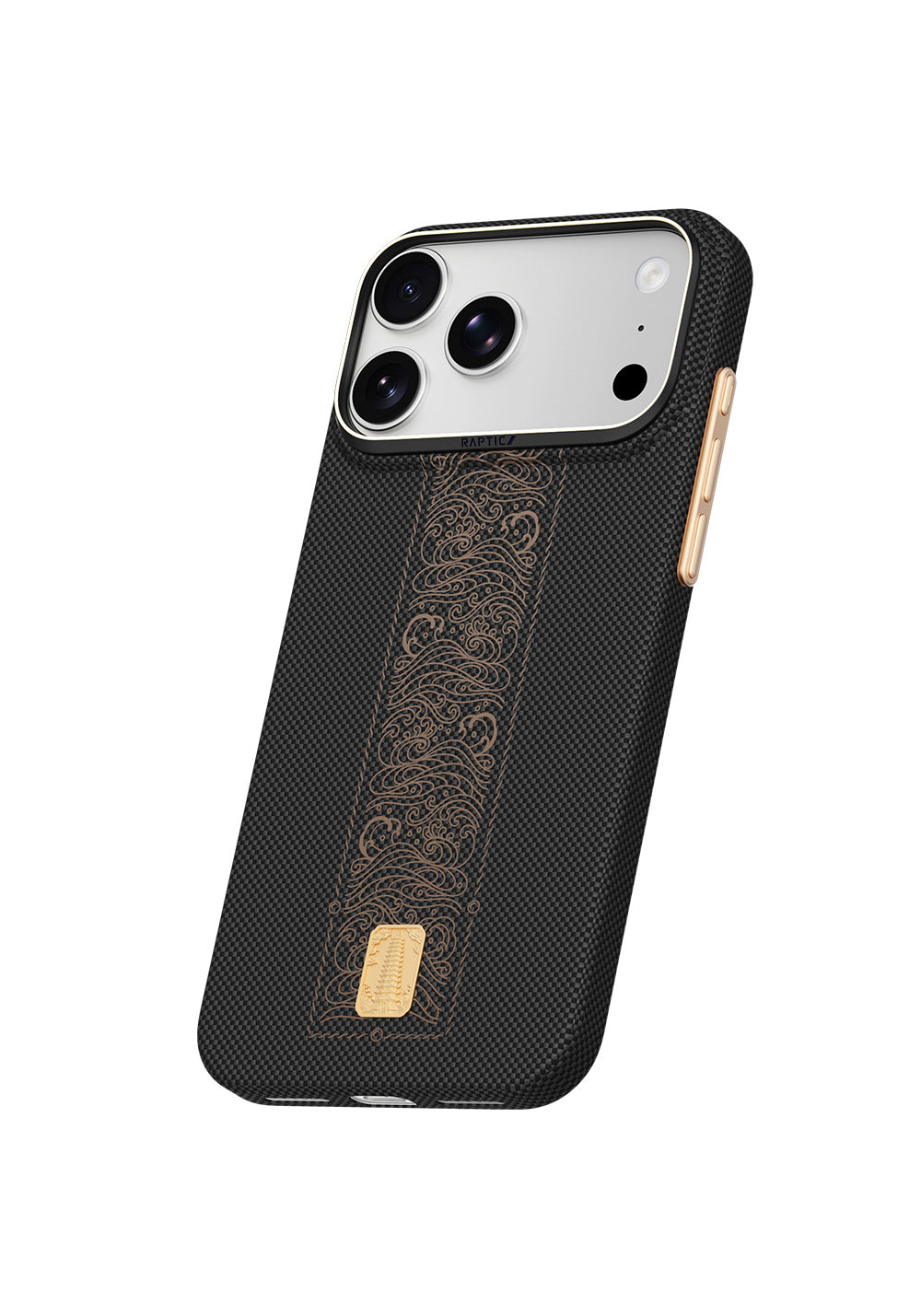 Raptic Aramid Skin Rise 24 Ayar Altın Kaplamalı Karbon – iPhone 18 Pro Max Kılıfı