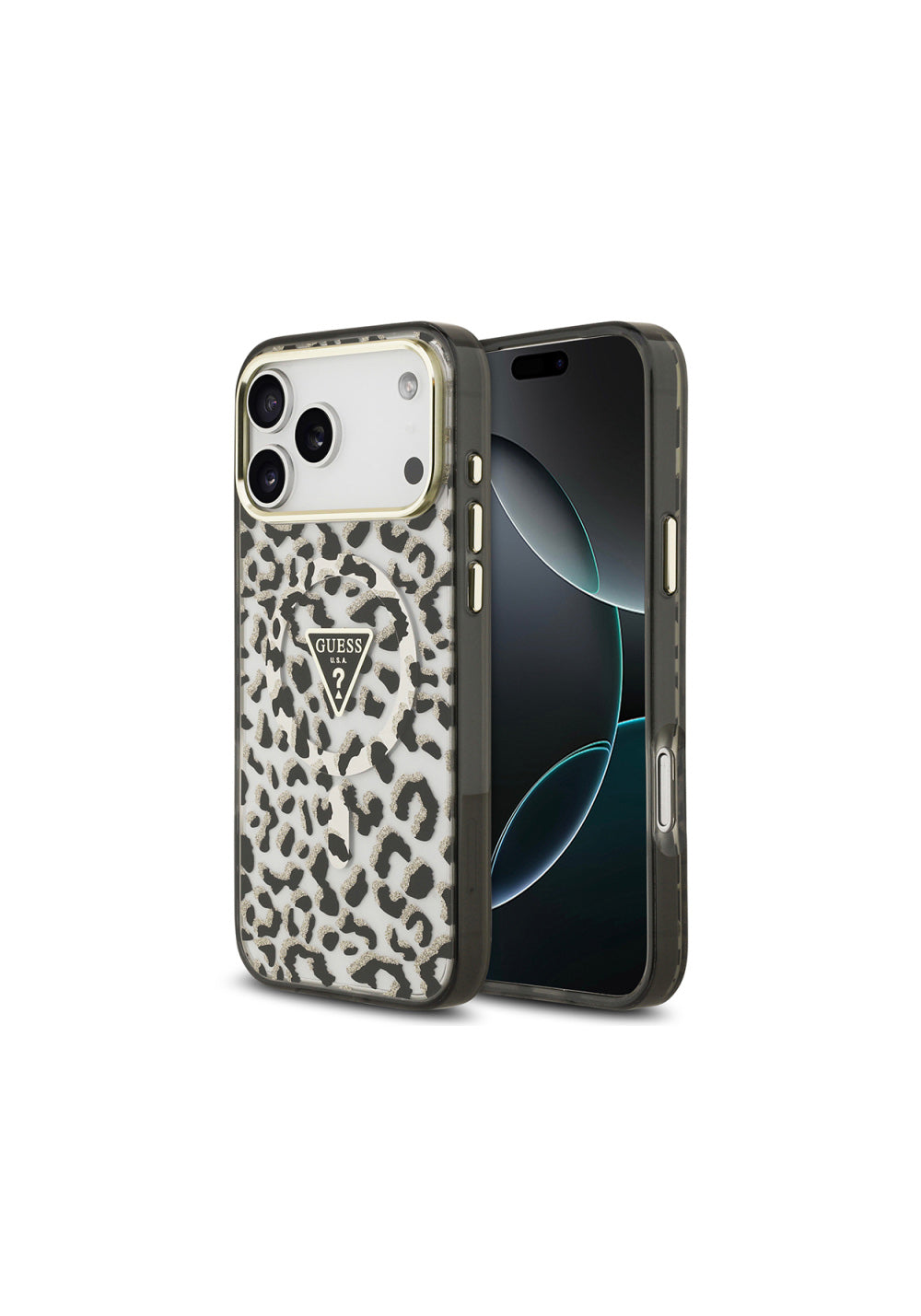 Guess Üçgen Logolu Simli Leopar Desenli – iPhone 18 Pro Max Kılıfı