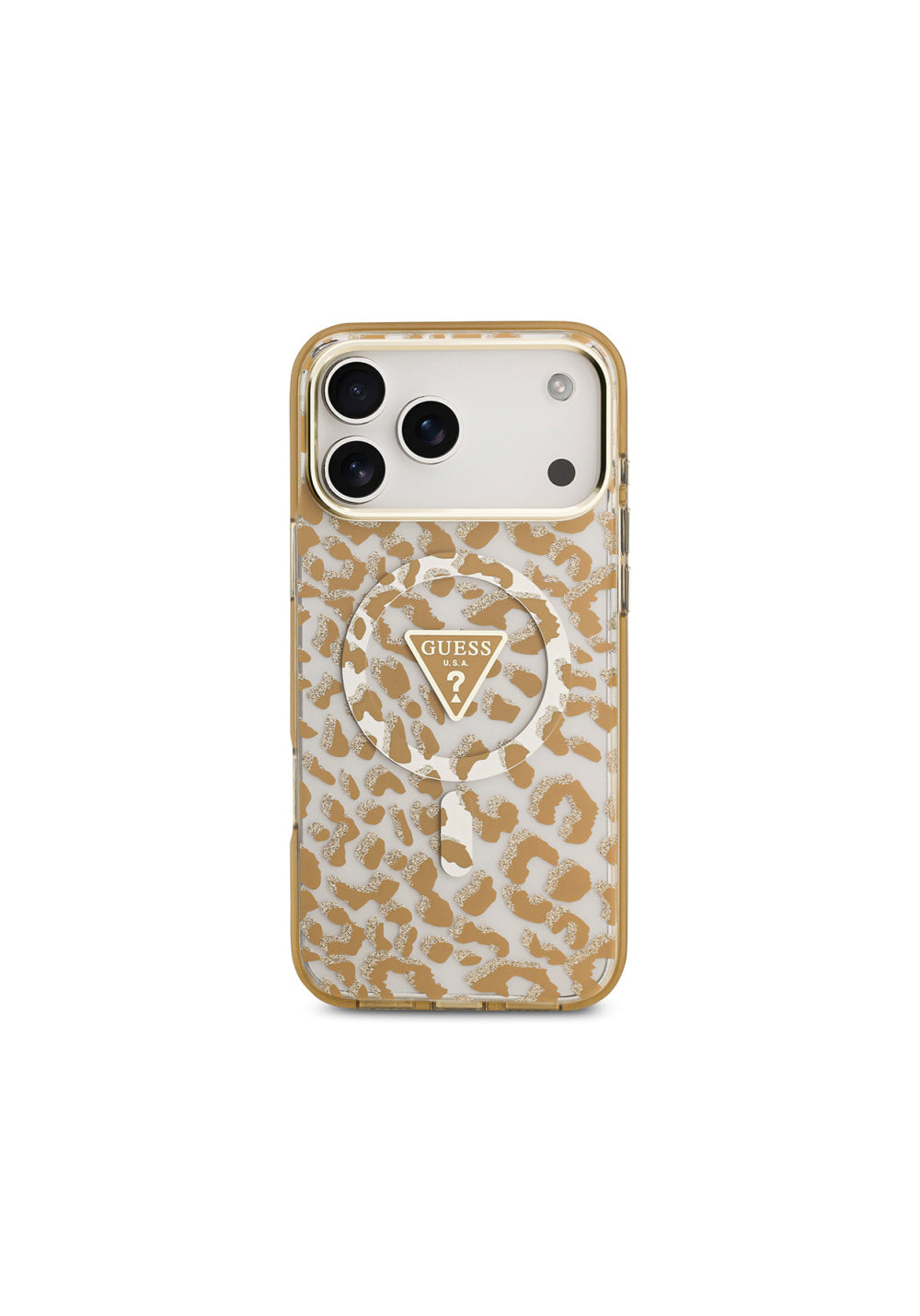 Guess Üçgen Logolu Simli Leopar Desenli – iPhone 18 Pro Kılıfı