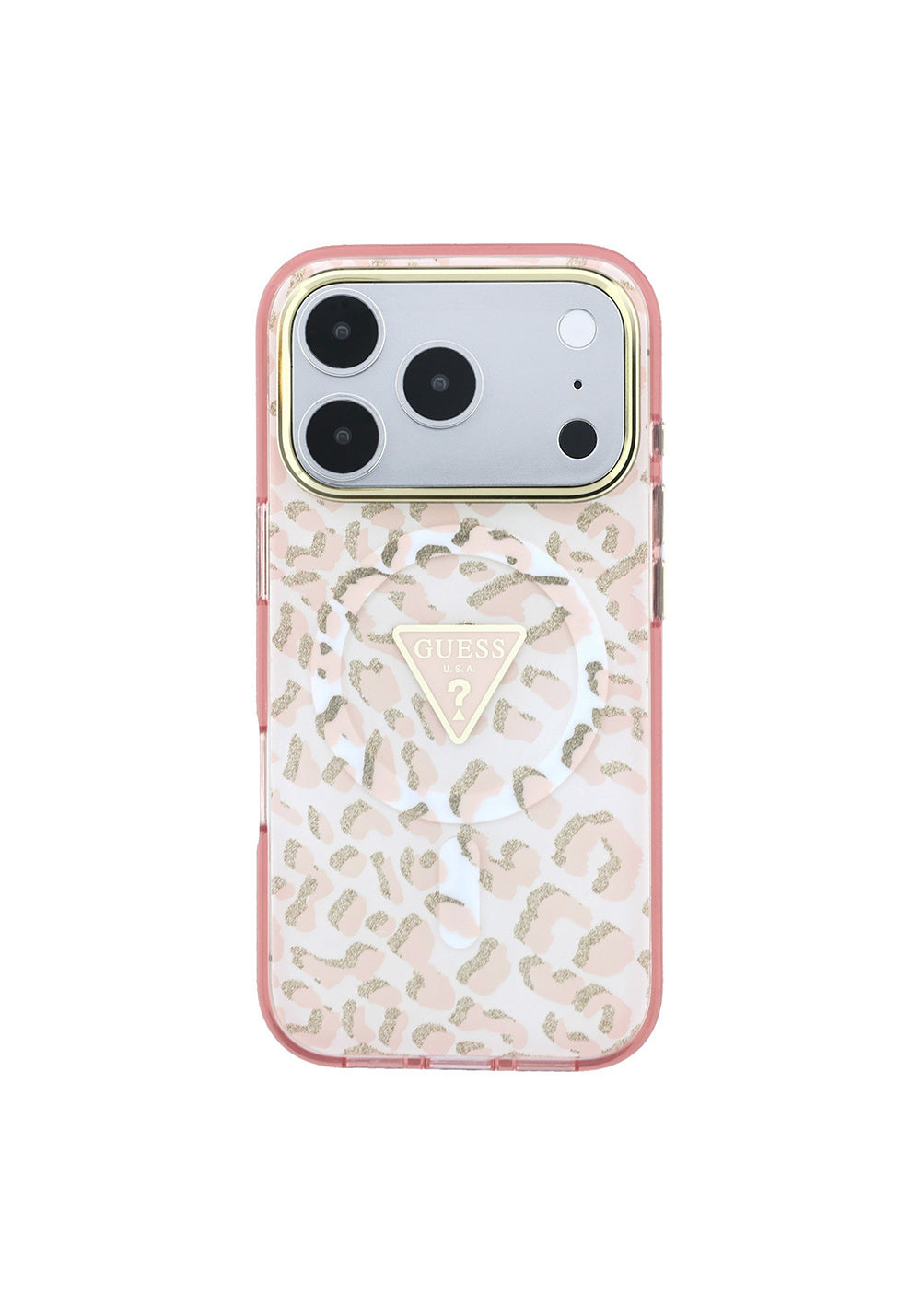 Guess Üçgen Logolu Simli Leopar Desenli – iPhone 18 Pro Max Kılıfı