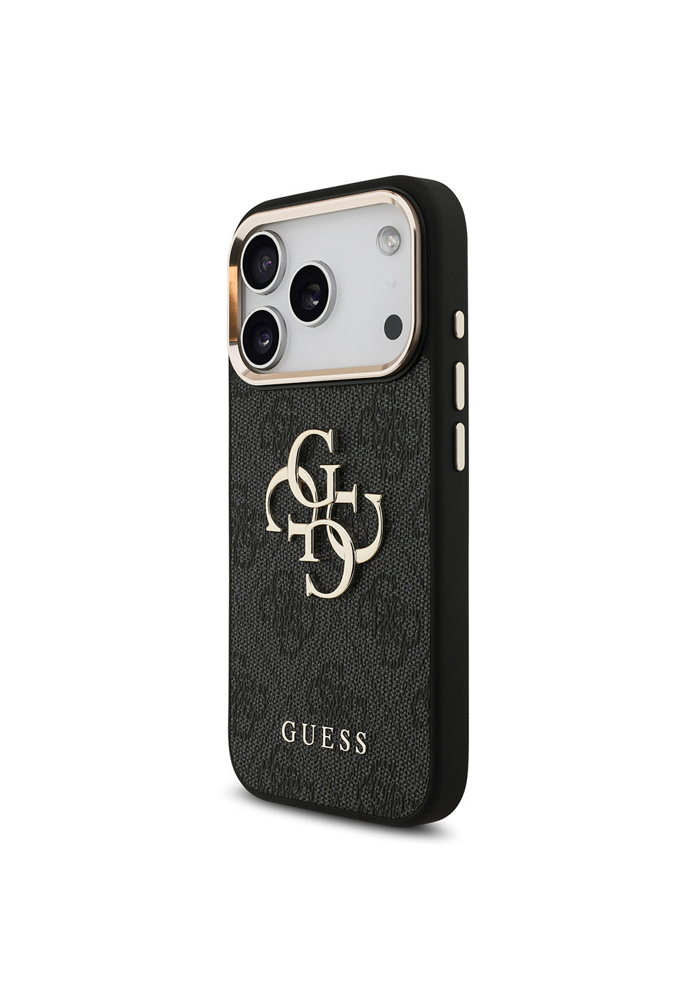 Guess Gold Metal Kamera Çerçeveli 4G Desenli Metal Büyük 4G ve Yazı Logolu – iPhone 18 Pro Kılıfı