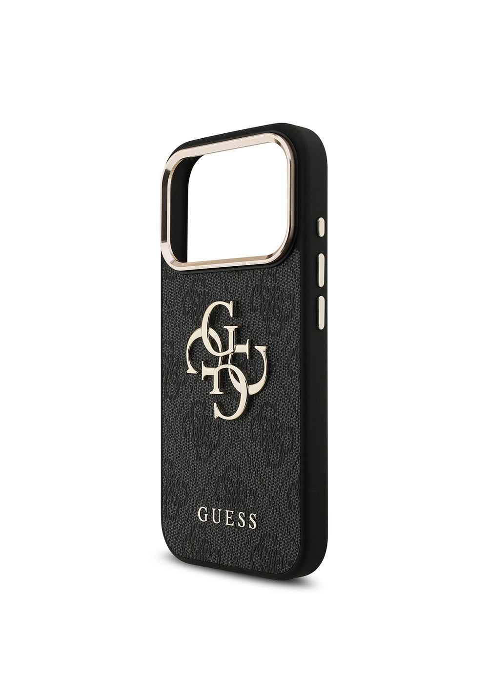 Guess Gold Metal Kamera Çerçeveli 4G Desenli Metal Büyük 4G ve Yazı Logolu – iPhone 18 Pro Kılıfı