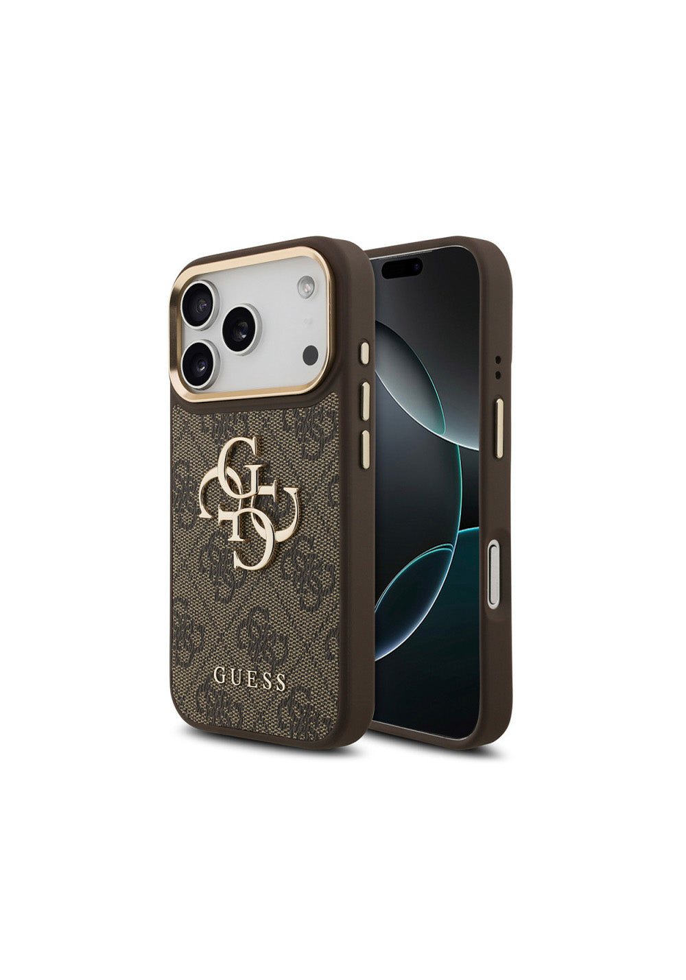 Guess Gold Metal Kamera Çerçeveli 4G Desenli Metal Büyük 4G ve Yazı Logolu – iPhone 18 Pro Kılıfı