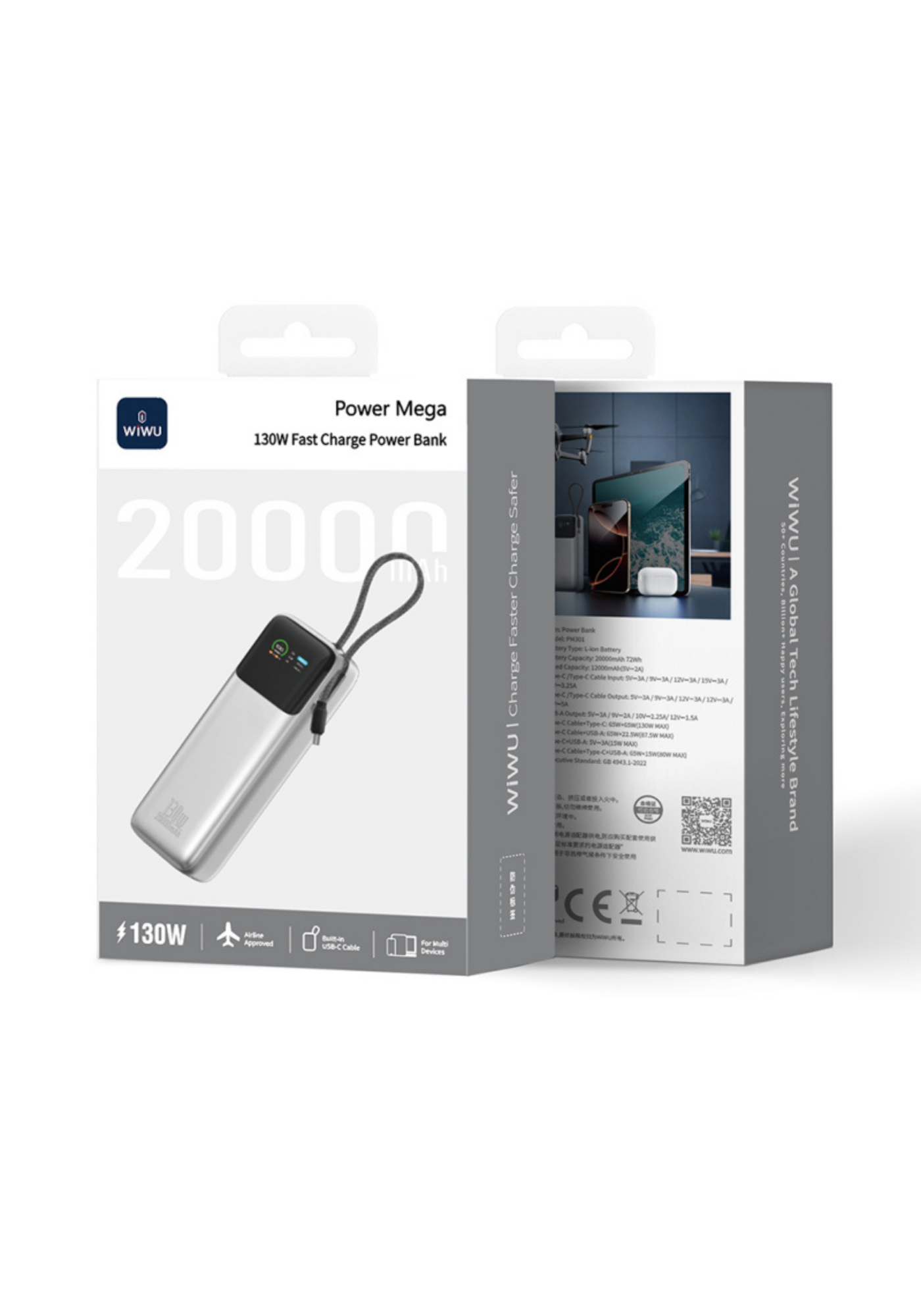 WiWU PM301 Power Mega 130W 20000mAh Hızlı Şarj Powerbank – Silver
