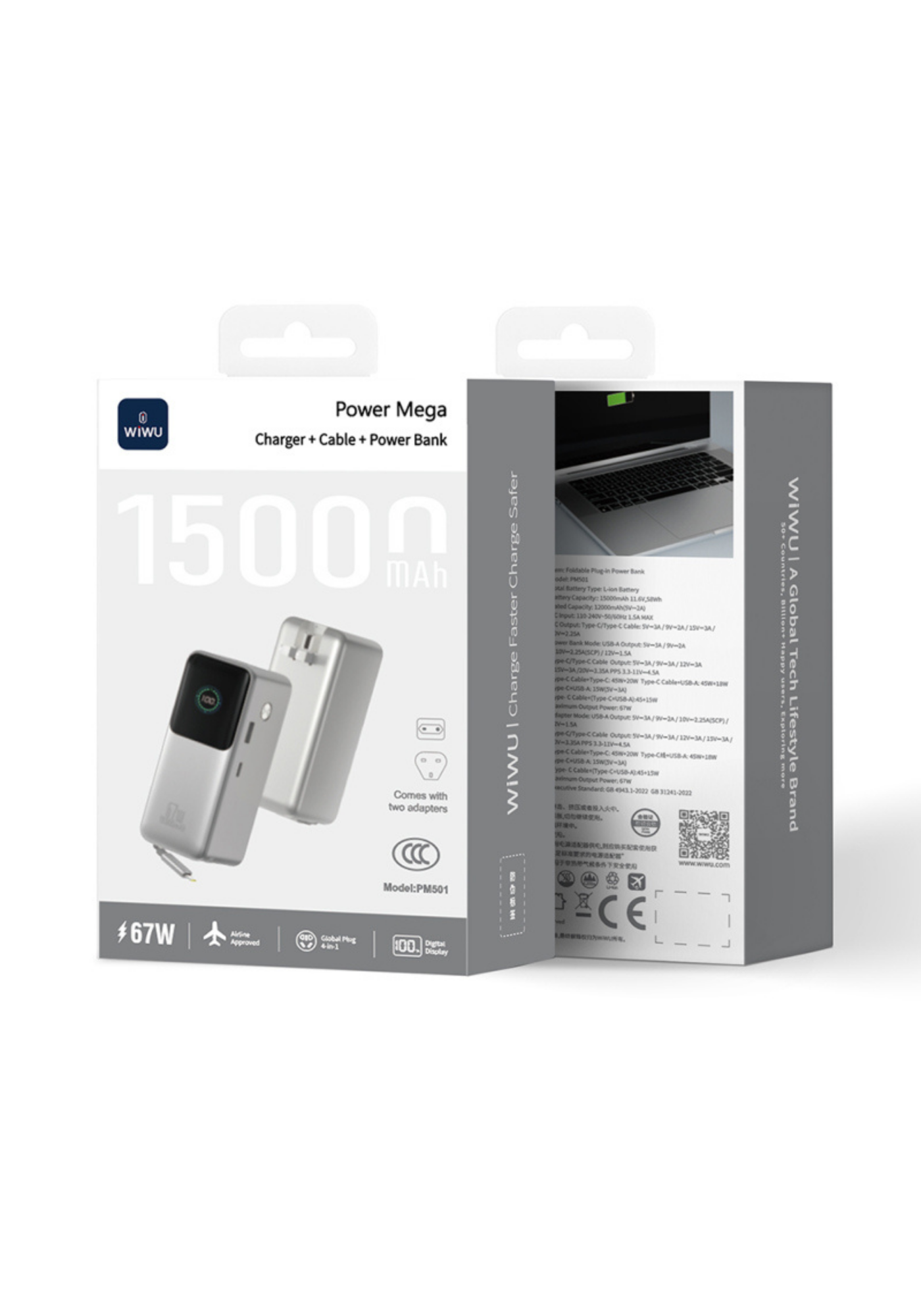 WiWU PM501 Power Mega 67W 15000mAh Şarj Cihazı, Kablo ve Powerbank – Silver