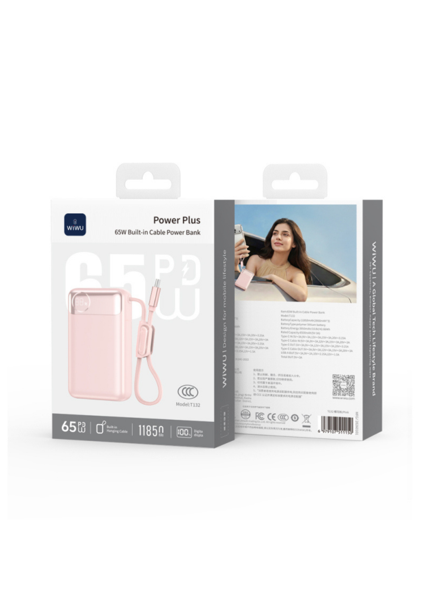 WiWU T132 Power Plus 65W 12000mAh Type-C Kablolu PD Hızlı Şarj Powerbank