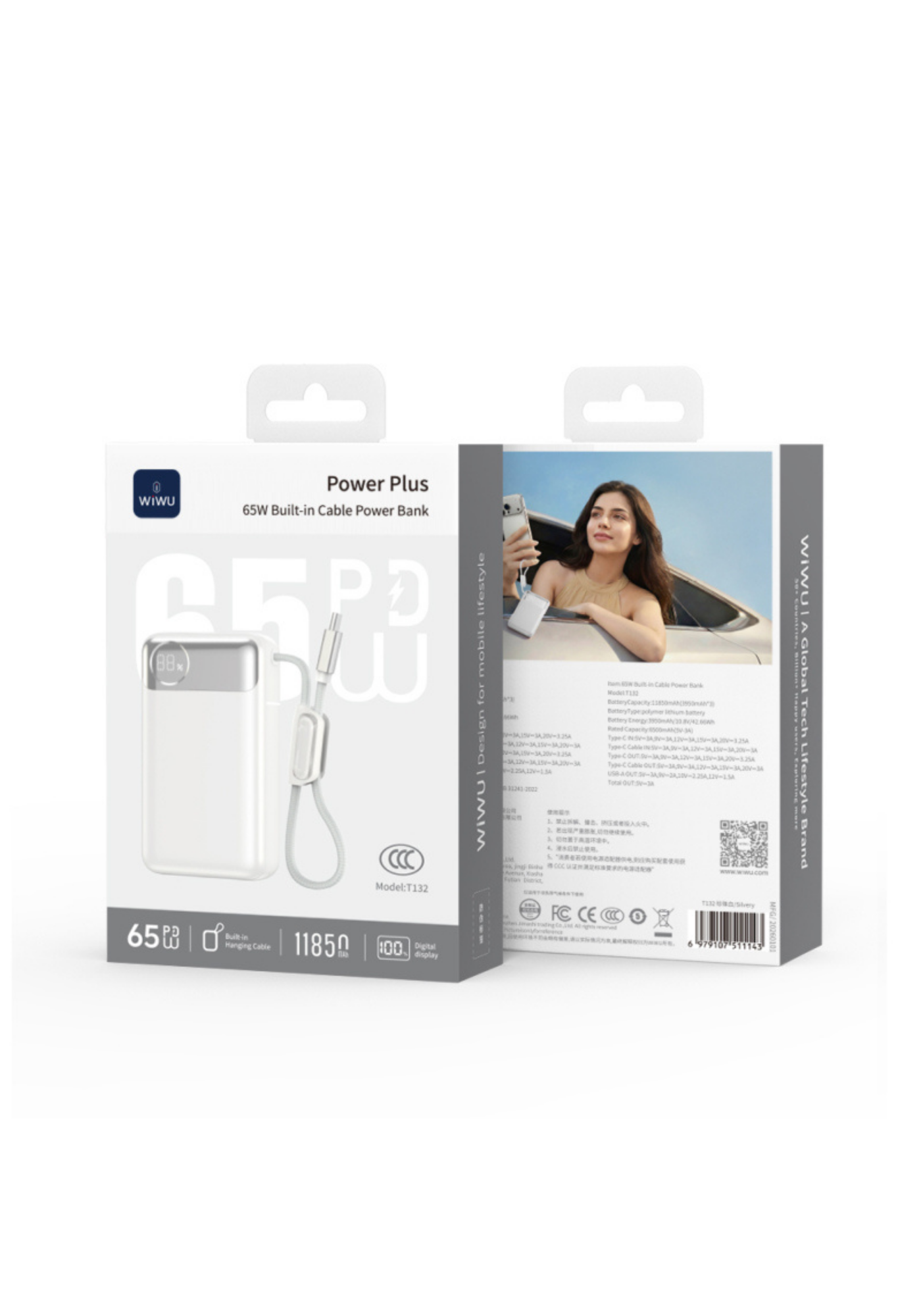 WiWU T132 Power Plus 65W 12000mAh Type-C Kablolu PD Hızlı Şarj Powerbank