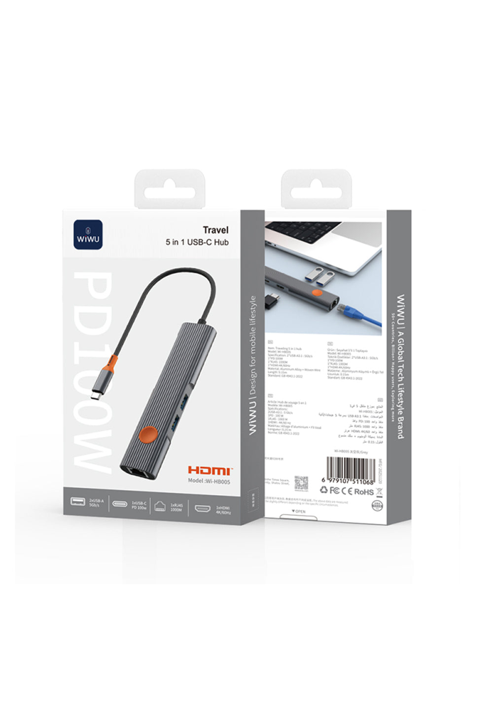Wiwu Wi-HB005 5’si 1 Arada USB-C Hub HDMI PD 100W
