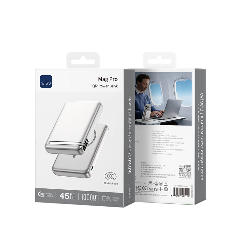WiWU WI-P090 Mag Pro Qi2 10000mAh Manyetik Kablosuz Powerbank – Silver